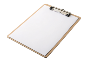A slightly rotated view of the clipboard and paper, focusing on the strong metal clip and smooth wood surface png