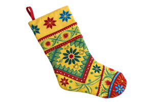 A vibrant yellow Christmas stocking with bold floral patterns in green, red, and blue, framed by decorative borders and a red loop png