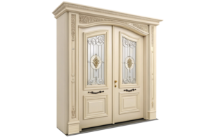 ide-by-side ivory doors, one with lattice-patterned glass, the other with minimalistic gold detailing, both framed by intricate moldings png