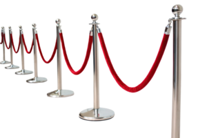 A queue of polished stanchions connected by red velvet ropes, symbolizing exclusivity or controlled access to an event png