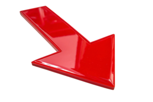 A 3D shiny red arrow, polished and textured, slants downward sharply, emphasizing decline with a bold, modern look png