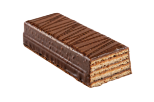 Rectangular chocolate wafer bar with uniform chocolate drizzles on top, showcasing neatly layered wafers and filling for a perfectly balanced treat png