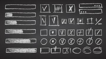 Charcoal pencil hand drawing check box with mark v x plus shapes White elements on chalkboard Grunge chalk crayon scribbles doodles textures loading rectangle Crayon strokes illustration vector