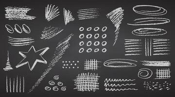 Charcoal pencil hand drawing curly lines, splash, squiggle and shapes. White elements on chalkboard. Grunge chalk crayon scribbles doodles textures. Rough crayon strokes. illustration vector