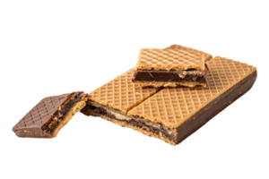 Wafers with a golden outer shell and chocolate center, revealing a mix of crunchy and rich, decadent chocolate filling inside png