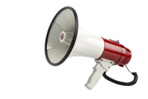 A red and white megaphone with a coiled cord, projecting a bold statement with its iconic design and robust build png