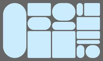 Dimensions 16x9 trendy bento grid layout style brick Ui UX templates. Web comic grids, rounded corners. Different panel layouts with y2k and brutal shapes tiles of different sizes vector