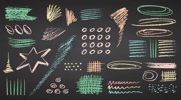 Charcoal color pastel pencil hand drawing curly lines, splash, squiggles and shapes. White elements on chalkboard. Grunge chalk crayon scribbles doodles textures. Rough strokes. illustration vector