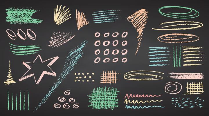 Charcoal color pastel pencil hand drawing curly lines, splash, squiggles and shapes. White elements on chalkboard. Grunge chalk crayon scribbles doodles textures. Rough strokes. illustration