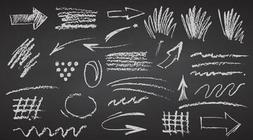Charcoal pencil hand drawing curly lines, splash, squiggles and shapes. White elements on chalkboard. Grunge chalk crayon scribbles doodles textures. Rough crayon strokes vector