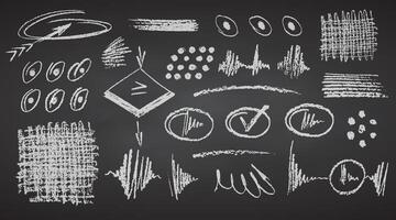 Charcoal pencil hand drawing curly lines, splash squiggles and shapes. White elements on chalkboard. Grunge chalk crayon scribbles doodles textures. Rough crayon strokes. illustration vector