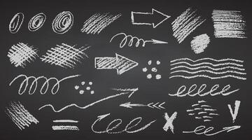 Charcoal pencil hand drawing curly lines splash, squiggles and shapes. White elements on chalkboard. Grunge chalk crayon scribbles doodles textures. Rough crayon strokes. illustration vector