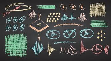Charcoal color pastel pencil hand drawing curly lines, splash, squiggles and shapes. White elements on chalkboard. Grunge chalk crayon scribbles doodles textures. Rough strokes illustration vector