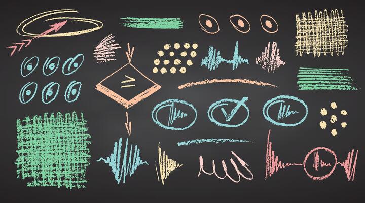 Charcoal color pastel pencil hand drawing curly lines, splash, squiggles and shapes. White elements on chalkboard. Grunge chalk crayon scribbles doodles textures. Rough strokes illustration