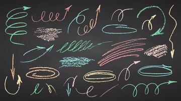 Charcoal color pastel pencil hand drawing curly lines splash, squiggles and shapes. White elements on chalkboard. Grunge chalk crayon scribbles doodles textures. Rough strokes. illustration vector