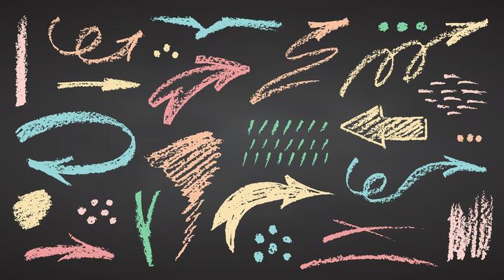 Charcoal color pastel pencil hand drawing curly arrows. White elements on chalkboard Grunge chalk crayon doodles textures Swishes swashes swoops swooshes, scribbles and squiggles. illustration