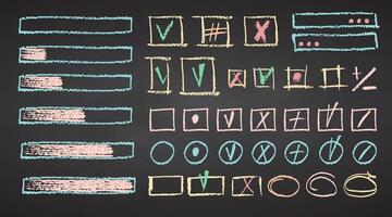 Charcoal color pastel pencil hand drawing curly lines splash, squiggles and shapes. White elements on chalkboard. Grunge chalk crayon scribbles doodles textures. Rough strokes illustration vector
