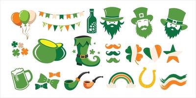 St Patricks Day Icons and Elements Set Leprechaun, Shamrock, Beer, Hat, Irish Decorations. vector