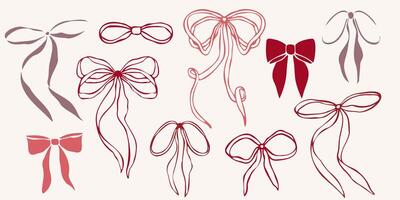 Hand drawn bows set with various shapes and ribbon styles. Minimalist red linear trendy sketch style illustration for fashion design, packaging, digital prints, invitation, scrapbooking, logo vector