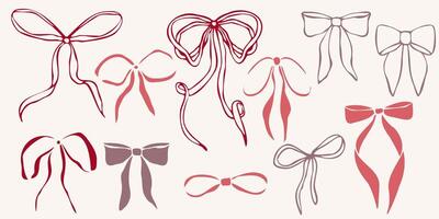 Hand drawn bows set with various shapes and ribbon styles. Minimalist red linear trendy sketch style illustration for fashion design, packaging, digital prints, invitation, scrapbooking, logo vector