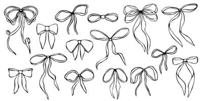 Hand drawn bows set with various shapes and ribbon styles. Minimalist black linear trendy sketch style illustration for fashion design, packaging, digital prints, invitation, scrapbooking, logo vector