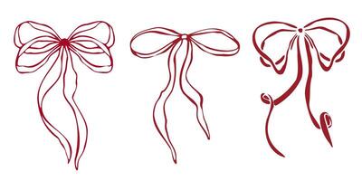Hand drawn red bows with various shapes and ribbon styles. Minimalist red outline linear trendy sketch style. illustration for fashion, packaging, digital prints, invitation, scrapbooking, logo vector