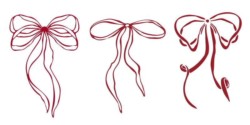 Hand drawn red bows with various shapes and ribbon styles. Minimalist red outline linear trendy sketch style. illustration for fashion, packaging, digital prints, invitation, scrapbooking, logo