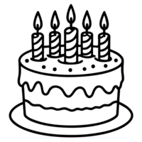 A round cake with frosting and five striped candles cutouts png
