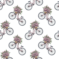 Seamless pattern with retro bikes and peonies. Handmade watercolor illustration. A colorful, gentle, romantic image. For textiles, wallpaper and wrapping paper. png