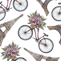 Seamless pattern with Eiffel towers, retro bicycles and peonies. Handmade watercolor illustration. A colorful, gentle, romantic image. For textiles, wallpaper and wrapping paper. png