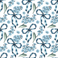 A simple pattern with blue forget-me-nots and bows of ribbons. The illustration is done in watercolor by hand. For textiles, wallpapers, prints, wrapping paper, background png