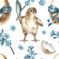 Easter seamless pattern with a chicks, decorated with eggs and forget-me-nots. The illustration is made in handmade watercolor. On a white background. For textiles, prints, wrapping paper. png