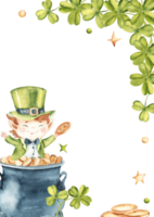 St Patricks day Square vertical Frame, Border. Card Template with a cute Leprechaun cartoon character sitting in a Pot of Gold adorned with Lucky Shamrock, Clover. Hand drawn Watercolor illustration png
