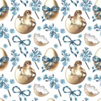 Easter seamless pattern with a hatched chicken, eggs and forget-me-nots. The illustration is made in handmade watercolor. For textiles, prints, wrapping paper. png