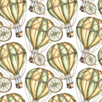 Seamless pattern of flying balloons and navigation compasses. Handmade watercolor illustration. A vintage-style color image of a trip around the world. For textiles, wallpaper, wrapping paper and more png