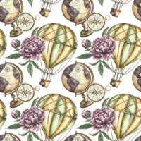 Seamless pattern of balloons, globes and navigation compasses in vintage style. Handmade watercolor illustration. A color image of a trip around the world. For textiles, wallpaper, wrapping paper. png
