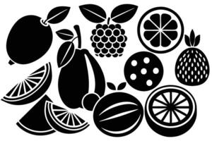 Graphic of various fruits in black silhouette. vector
