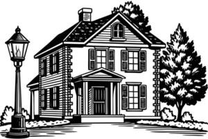 Classic Black and White Illustration of a Historic House with a Lamp Post vector