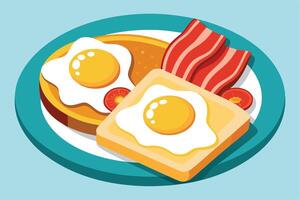 breakfast plate with eggs, bacon, toast, and tomatoes. vector