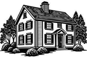 Black and White Illustration of a Historic House with a Lamp Post vector