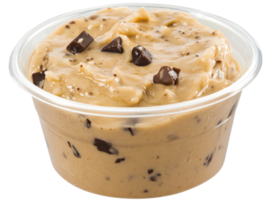 Delicious and creamy chocolate chip dough in a clear cup. png