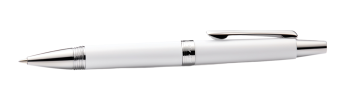 Elegant white pen with chrome accents on a reflective surface. png
