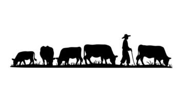 Silhouettes of a farmer and cows grazing in a field vector