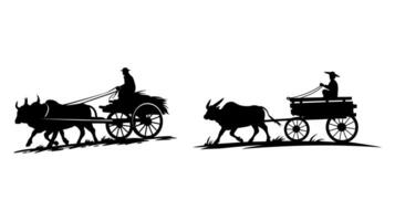 Silhouette of a farmer and oxen pulling a cart vector