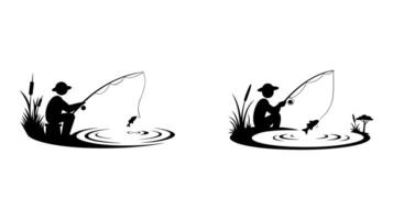 Silhouette of a Fisherman Catching Fish in a Pond vector