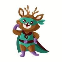 Illustration of a cheerful cartoon deer dressed as a superhero wearing a mask and cape standing confidently. The character has antlers and a vibrant outfit. vector