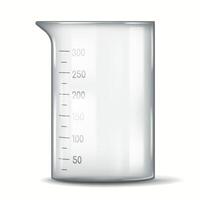 Illustration of a clear laboratory beaker with detailed measurement markings. It is used for mixing, measuring and pouring liquids in scientific experiments. vector