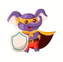 Illustration of an adorable cartoon elephant dressed as a superhero, complete with a cape and shield. The character is whimsical and colorful with big expressive eyes. vector