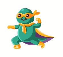 Illustration of a green cartoon dinosaur wearing a yellow superhero costume with a cape and mask, happily posing with an enthusiastic expression on a white background. vector