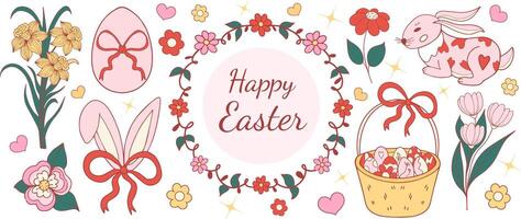 Easter coquette design elements set. Eggs, chicken, butterfly, rabbit, tulips, flowers, willow, branches, basket, tulips, narcissus. illustration. vector